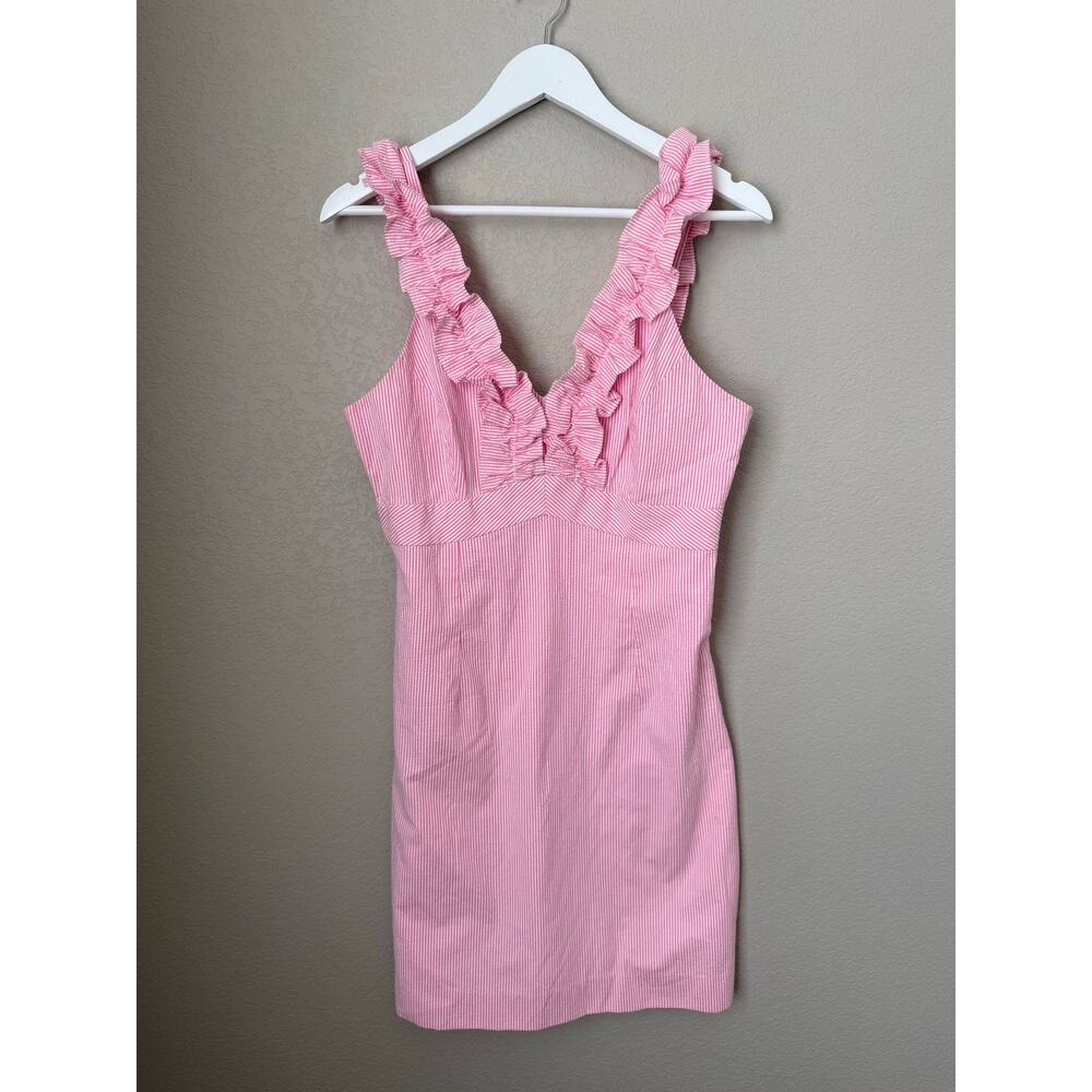 Lilly Pulitzer Devina Stretch Pink Dress Size 8 Striped Girly Ruffles Vacation